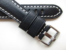 Black "white lug-end stitched" 20 MM leather watch band strap