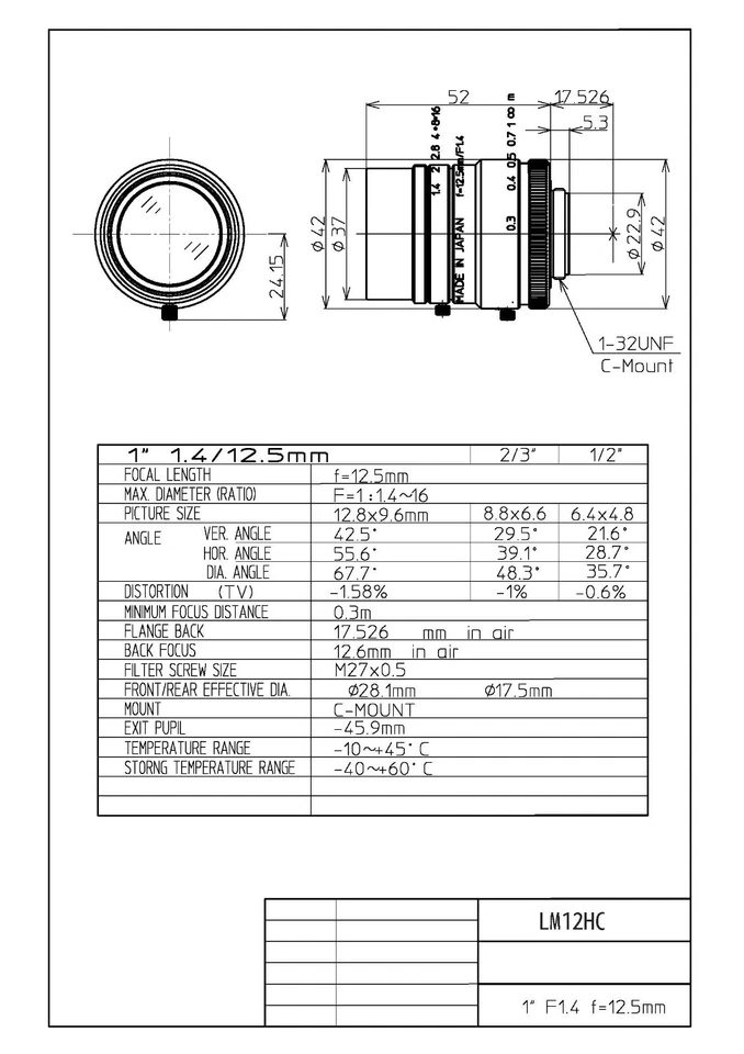 Lente Alta Resolución KOWA 12.5mm f1.4 Formato 1", Montura C Totalmente Nueva LM12HC - Imagen 4 de 4