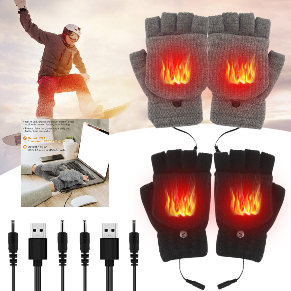 Heated Gloves USB Wool Mitten Full Half Fingerless Glove