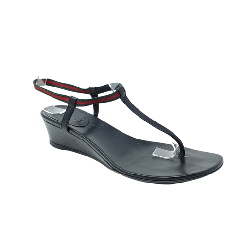 Gucci Black Leather Areia Web Stripe Wedge Thong Sandals Women's Size 6.5-7 | eBay