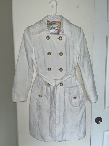 Milly White Pea Coat Gold & White Pearl Buttons Belted Size 4 - Picture 1 of 7