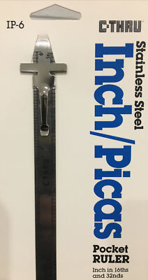 C- Thru Pocket Ruler- Inch/Picas Stainless Steel ,# IP-6 - New