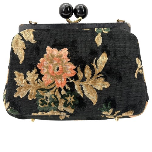 Vintage MM Morris Moskowitz Bag Clutch Black Floral Tapestry Carpet Handbag - Picture 2 of 14