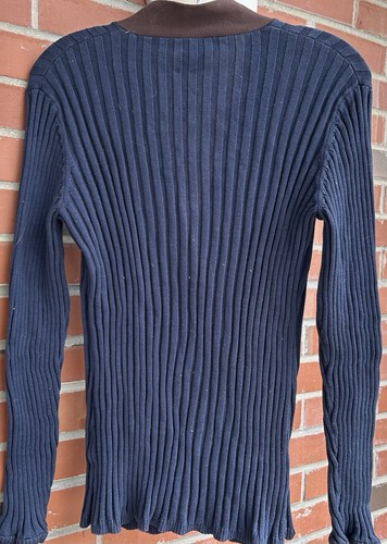 Tory Burch Langarm Rippstrick Cardigan Knopfleiste dunkelblau braun Borte L - Bild 3 von 6
