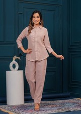 Women s Co-Ord Set Light Pink Cotton Blend Shirt Pant Casual Outfit