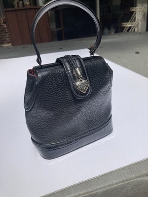 Brighton Black Pebbled, Top Handle Bag, Silver Heart Accent Snap Closure