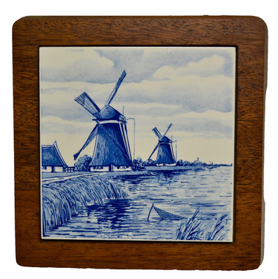 Ceramic Tile Delft Blue Holland Windmill Wooden Base Trivet Cheese Board Vintage