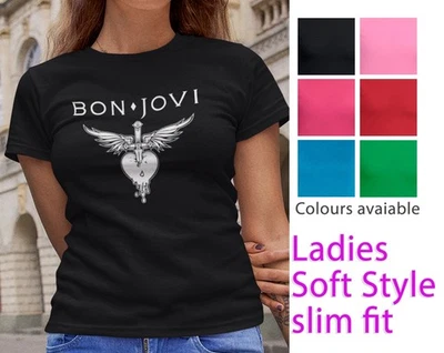Bon Jovi ladies Black T-Shirt - 100% cotton SoftStyle slim fit - gift Tee - Image 1 of 4