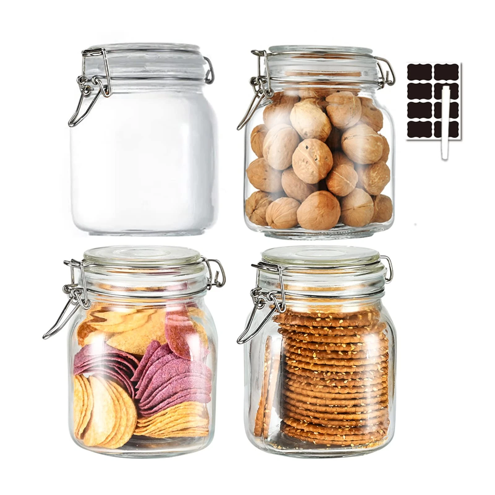 32oz Glass Food Storage Jars with Airtight Clamp Lids,Set of 4 Airtight Glass...