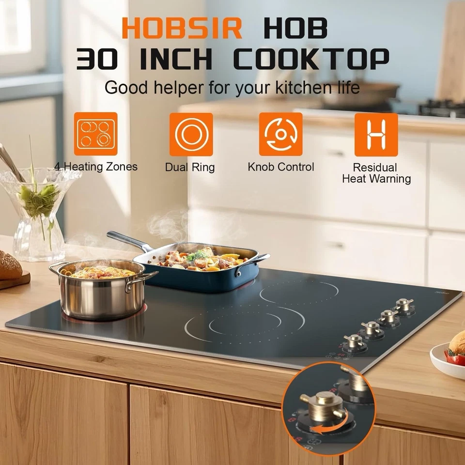 Hobsir Cocina Eléctrica Incorporada 30 Pulgadas 4 Quemadores, 6700W Estufa Superior Cableada Foto 3 de 4