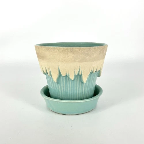 Vintage McCoy Pottery Flower Pot Planter Icicle Snow Drip Flower Turquoise Blue
