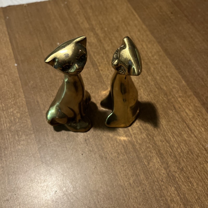 Vintage Leonard Solid Brass Pair Of Siamese Cat Figurines Mid Century Mod MCM