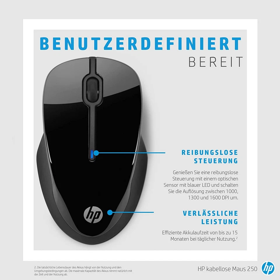 HP Maus 250 Drahtlose Wireless Funk Links- und Rechtshänder Schwarz Black mouse - Bild 3 von 4