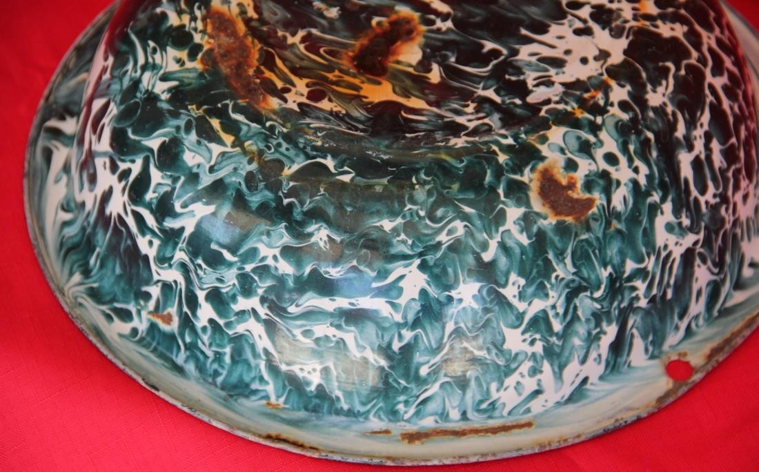 Antique Primitive Enamelware Green Swirl Bowl Graniteware Rusty Crusty Beat Up