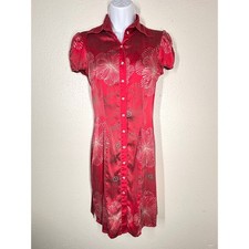 Bebe Red Floral Fireworks 100% Silk Shirt Dress XS Cap Sleeve Button Up  EUC