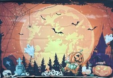 4 x 8 ft. Halloween Backdrop Horror Moon Bat Pumpkin Lantern Cemetery Ghost