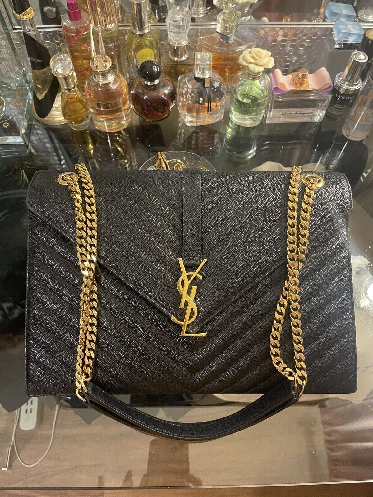 YSL Saint Laurent ENVELOPE LARGE BAG Large Black Pre-owned Excellent Condition