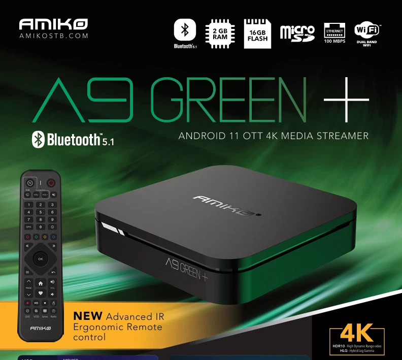 Amiko A9 Green + Plus 4K UHD ANDROID MTYV2 QUAD CORE WIFI HDR10 A9 NEW FOR 2024 - Image 2 of 4