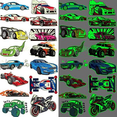 Luminous Race Car Supplies Temporary Tattoos for Boys -12 Sheets Glow in The ...