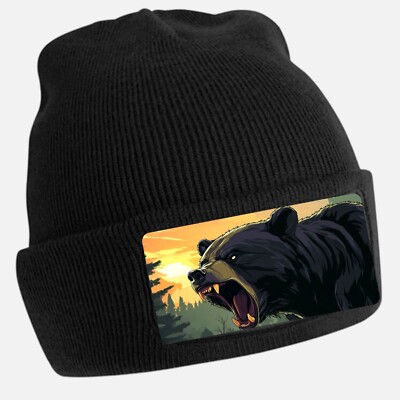 Angry Black Bear Print Unisex Cotton Black Beanie Hat