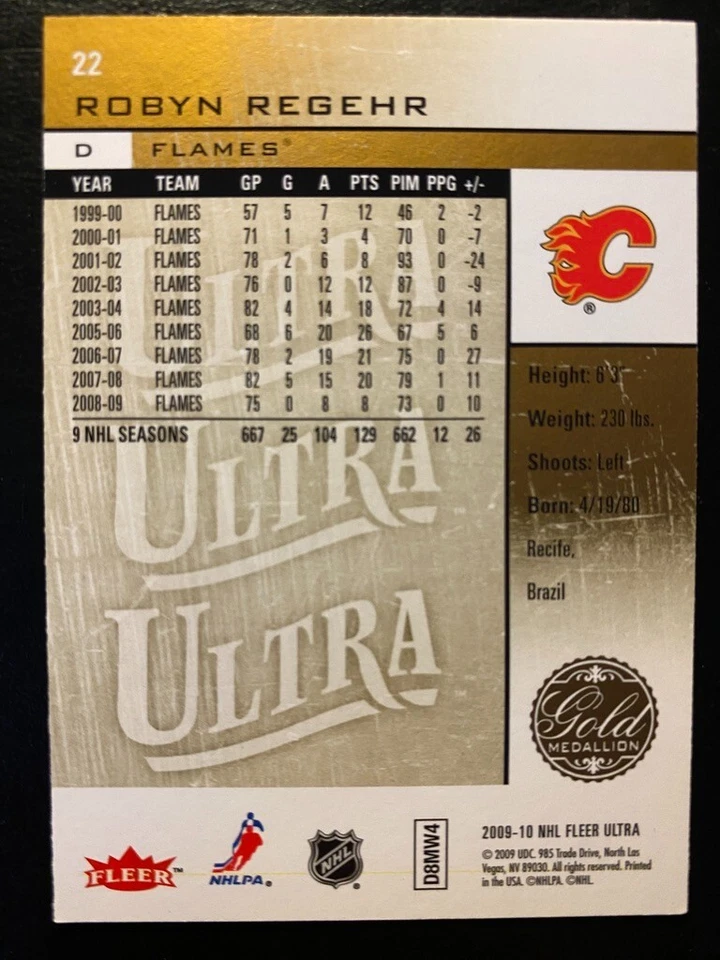 Robyn Regehr 2009-10 Fleer Ultra Gold Medallion #22 Calgary Flames - Image 2 of 2