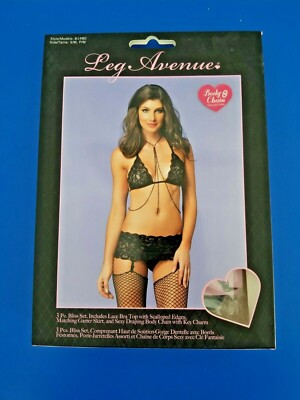 Leg Avenue 81480 S/M Black Lace Lingerie Bliss Set 3 Piece & Body Chain Sexy New