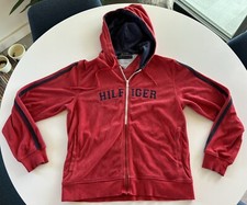 Vintage Tommy Hilfiger Red Zip Up Velour Sweatshirt Hoodie Logo Mens Size S