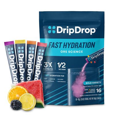 DripDrop Electrolyte Powder 16 Pack Travel Hydration Drink Mix 3X Electrolytes