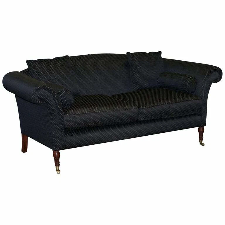 HAND MADE BLACK & SILVER UPHOLSTERED SOFA LIGHT MAHOGANY FRAME ONE OF TWO PIECES