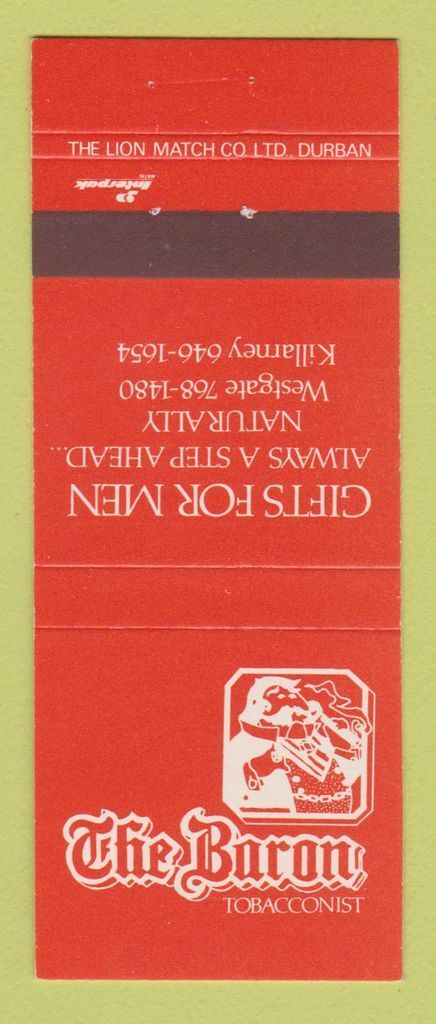 Matchbook Cover - Baron Tobacco Gifts Westgate Killarney South Africa
