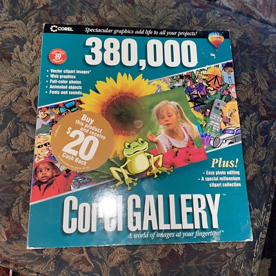 Vtg Software Corel Gallery 380K Vector Clipart Sounds Fonts Windows 95/98 w box