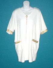 Vtg 70s 80s By The Sea White Terry Beach Cover Up Zip Front Gold Trim Sz S/M