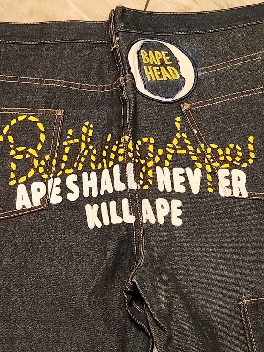 NWT BAPE BATHING APE YELLOW ROPE APES SHALL NEVER KILL APE DENIM 