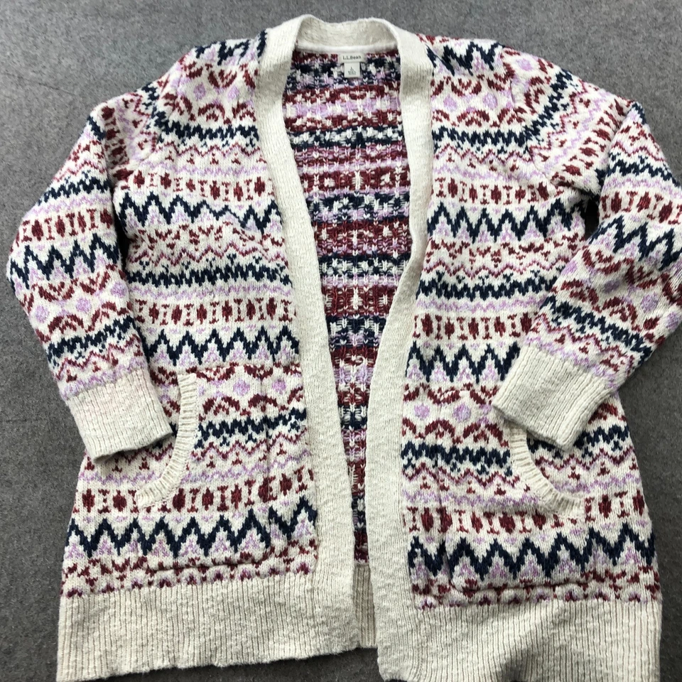 Cardigã feminino LL Bean suéter grande branco ilha justa malha jumper aberto - Imagem 2 de 4
