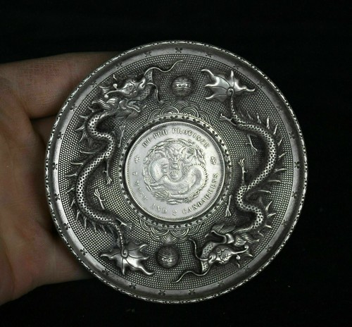 Old Chinese Dynasty Miao Silver Dragon Loong Plate Dish Circular tray Fruit Tray - Picture 3 of 5