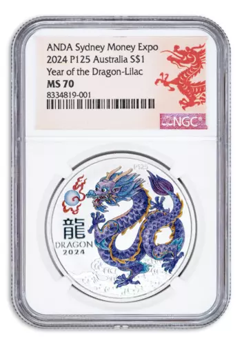 2024 Australia Lunar Dragon 1 oz Silver Colorized LILAC Coin NGC MS70