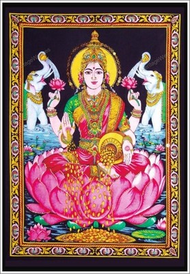 Göttin Laxmi Baumwolle Wandposter. Wandbehang aus mehrfarbigem Stoff mit Pail...
