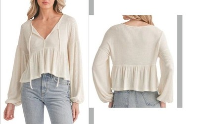 LUSH Long Sleeve Babydoll Top In Cream, XS,