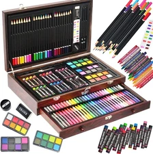 Wooden Box Art Coloring Set，143pc Drawing Supplies,Painting Coloring Kit,Porta
