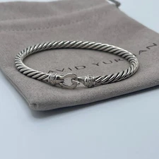 David Yurman 4mm Cable Flex 925 Sterling Silver and Diamonds Buckle Bracelet