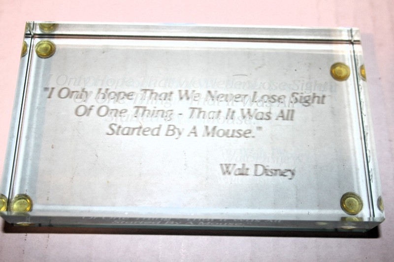 WALT DISNEY Inspirational Quote CRYSTAL Glass PLAQUE / Paperweight STARTED BY