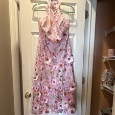 Lulus Pink Floral Embroidered Halter Sleeveless Midi Dress Sheer Lined L