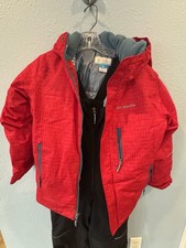Youth Columbia Ski Jacket Red, Black Bib, Helmet Included; Size M 10-12
