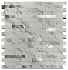 -Sheet Peel and Stick Backsplash Tiles,Faux 10 Faux Marbled white metal silver