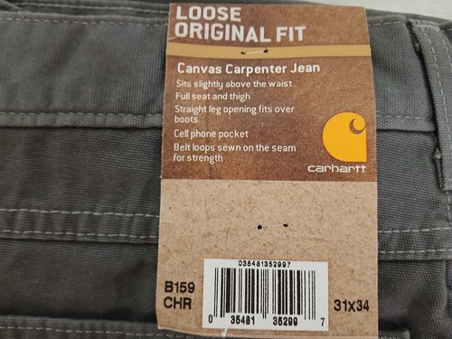 Carhartt Canvas Carpenter Jean-NWT Men 31 x 34 Loose Original Fit-B159-CHR-Gray - Picture 6 of 6