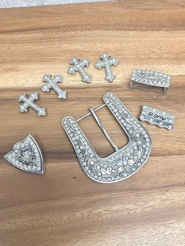 8 Pc Screw Back Concho Stainless Steel Ed Belt Buckle Set Bling Clear Crystals 