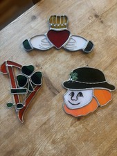 VTG 3 Stained Art Glass Suncatcher St. Patrick's Day Claddagh Note Leprechaun    