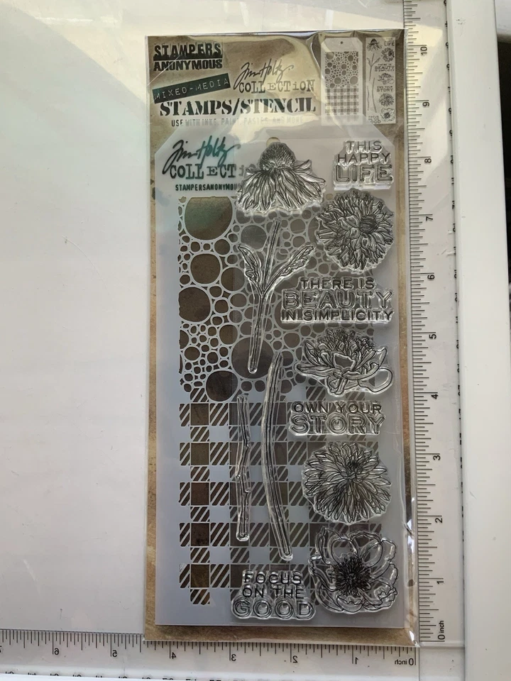 Juego de plantillas de estampillas Tim Holtz flores girasol 12 estampillas transparentes burbujas guinga Foto 4 de 4