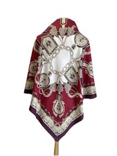AS9 VTG YORN Italy Silk Scarf Equestrian Tassel Chain Belt Print Burgundy Red