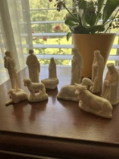 Vintage 11 PC Stone Cream Colored Small Nativity Manger Scene Christmas
